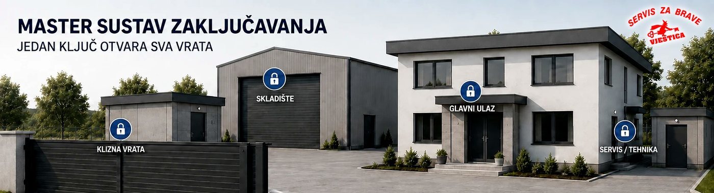 Klizna vrata, skladište, glavni ulaz i servis s bravama istog master sustava